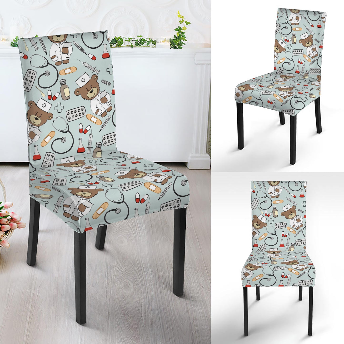 Teddy Bear Doctor Pattern Print Dining Chair Slipcover