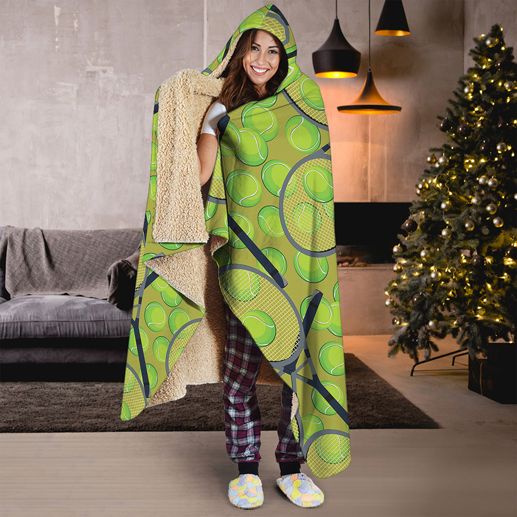 Tennis Ball And Racket Pattern Print Hooded Blanket