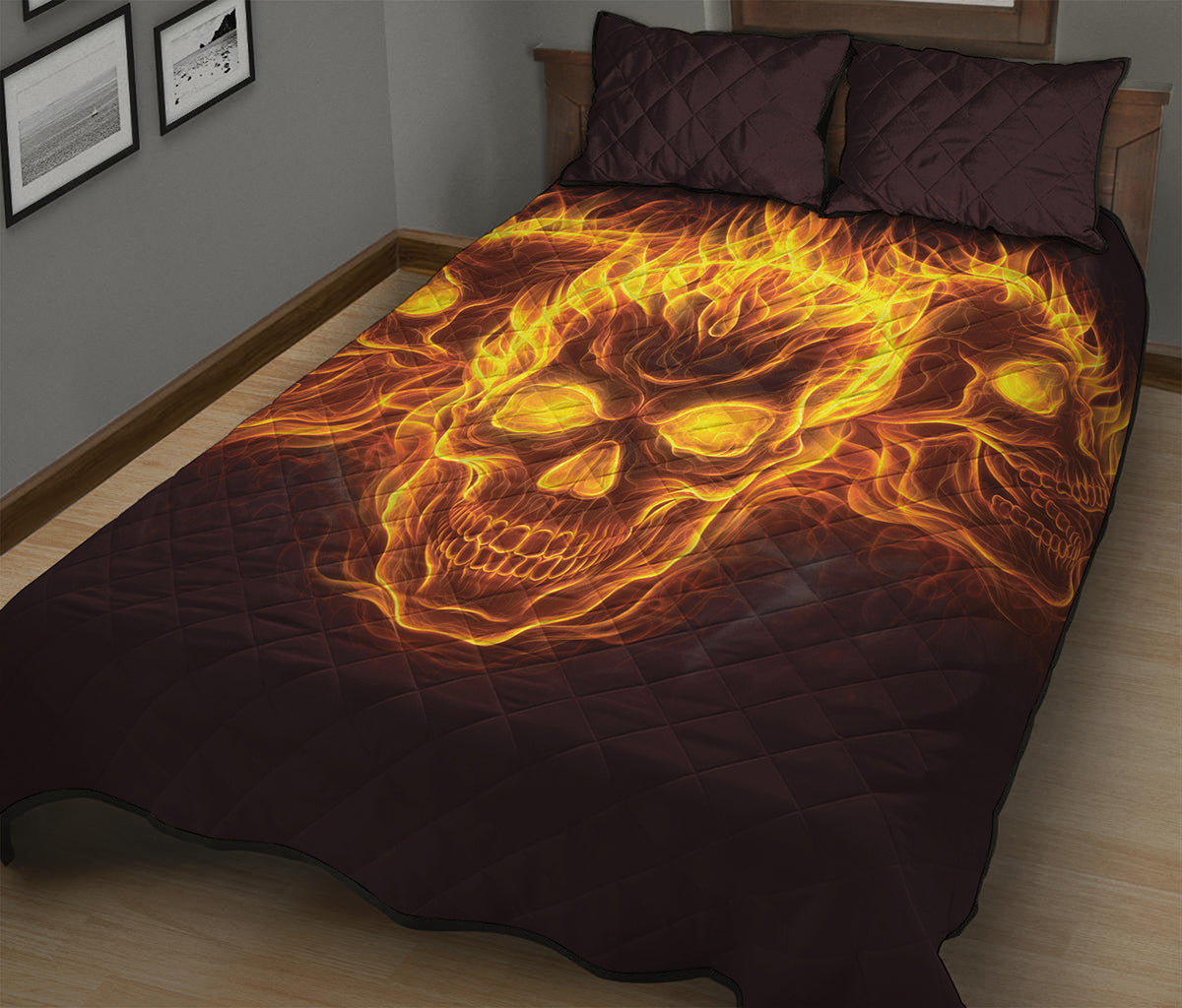 Three Flaming Skull Print Quilt Bed Set
