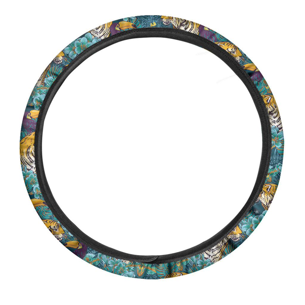 Tiger And Toucan Pattern Print Car Steering Wheel Cover