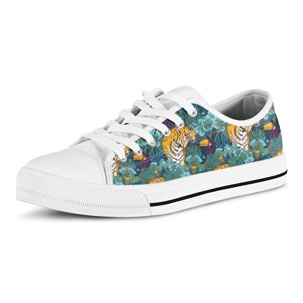 Tiger And Toucan Pattern Print White Low Top Shoes