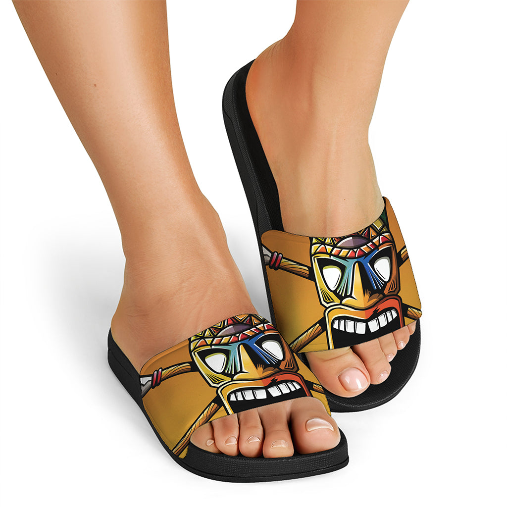 Tiki Totem Print Black Slide Sandals
