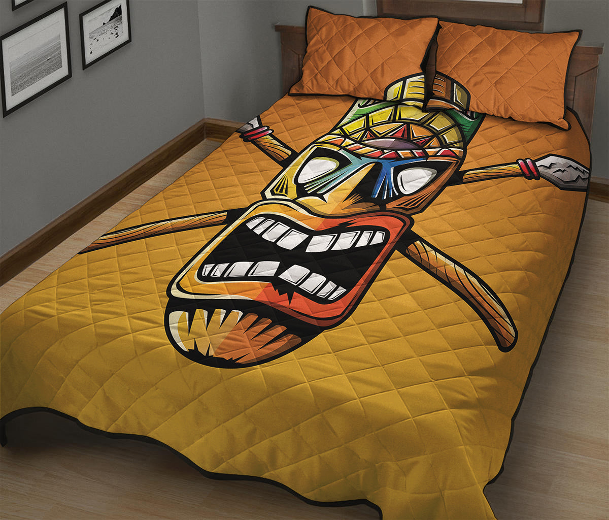 Tiki Totem Print Quilt Bed Set