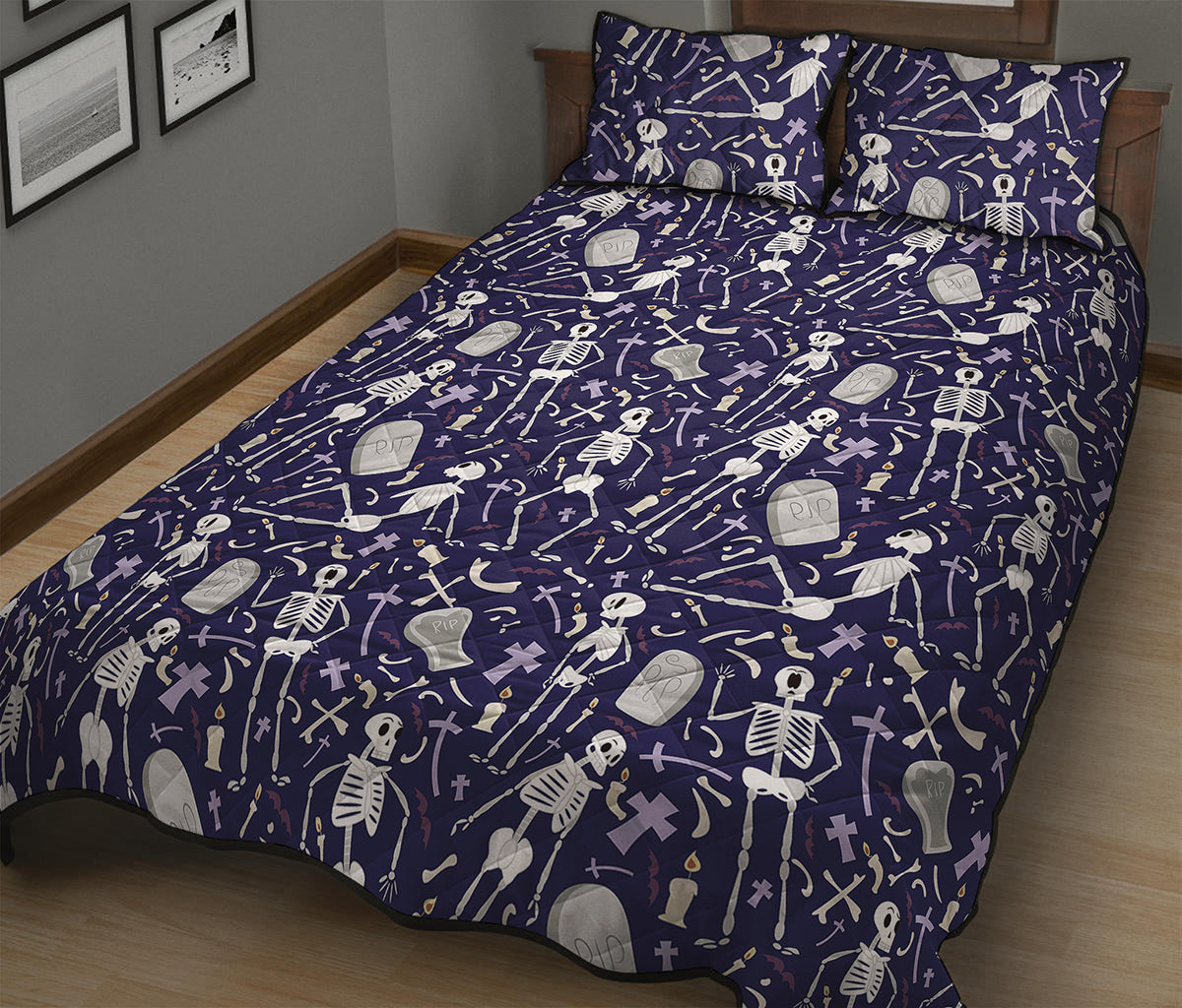 Tomb And Skeleton Pattern Print Quilt Bed Set