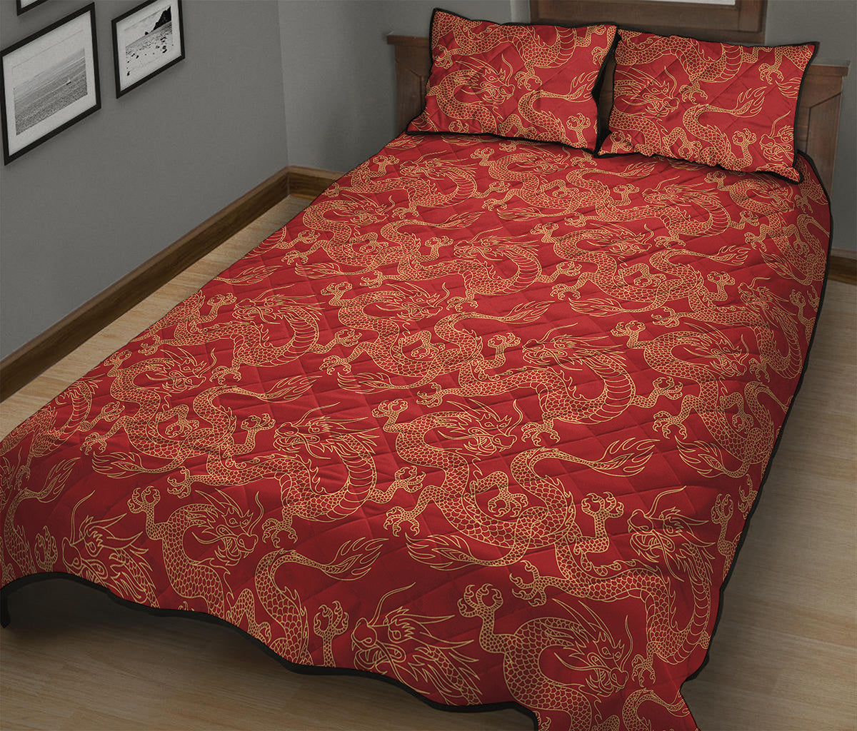 Traditional Chinese Dragon Pattern Print Quilt Bed Set