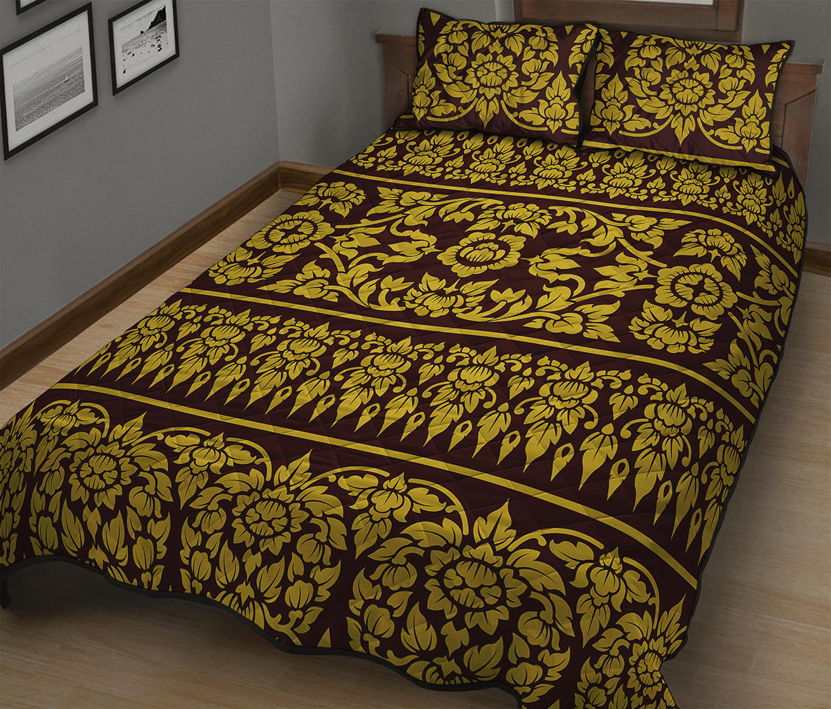 Traditional Thai Flower Pattern Print Quilt Bed Set