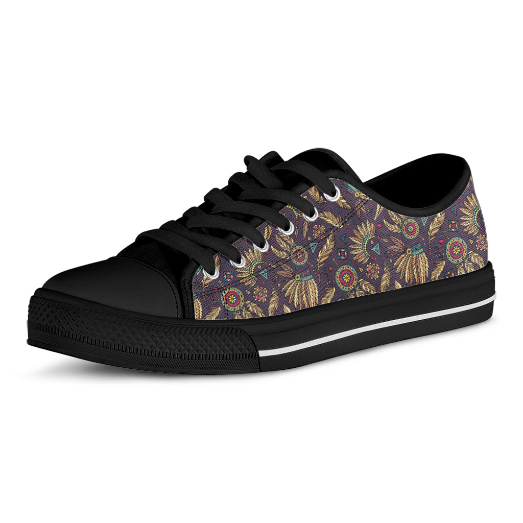 Tribal Native Indian Pattern Print Black Low Top Shoes