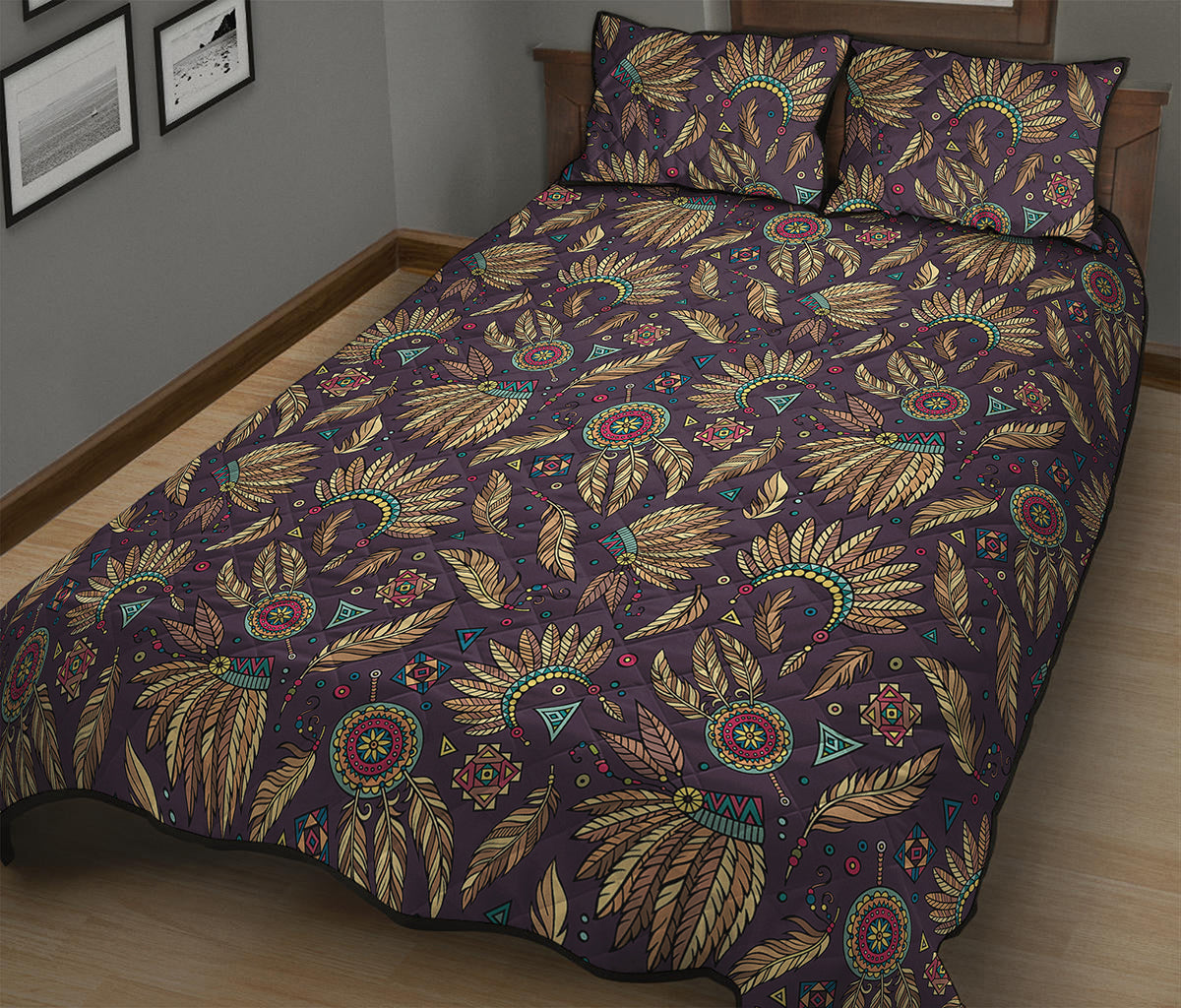 Tribal Native Indian Pattern Print Quilt Bed Set