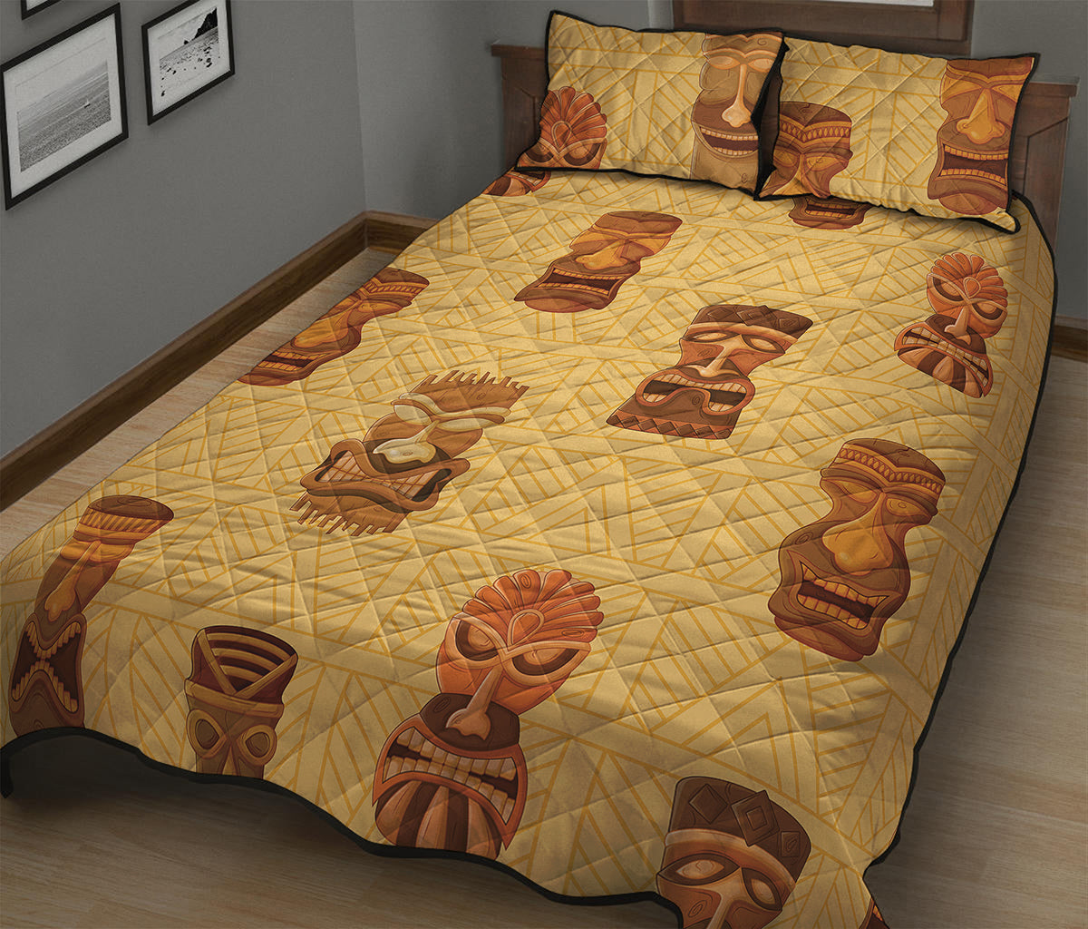 Tribal Tiki Mask Pattern Print Quilt Bed Set