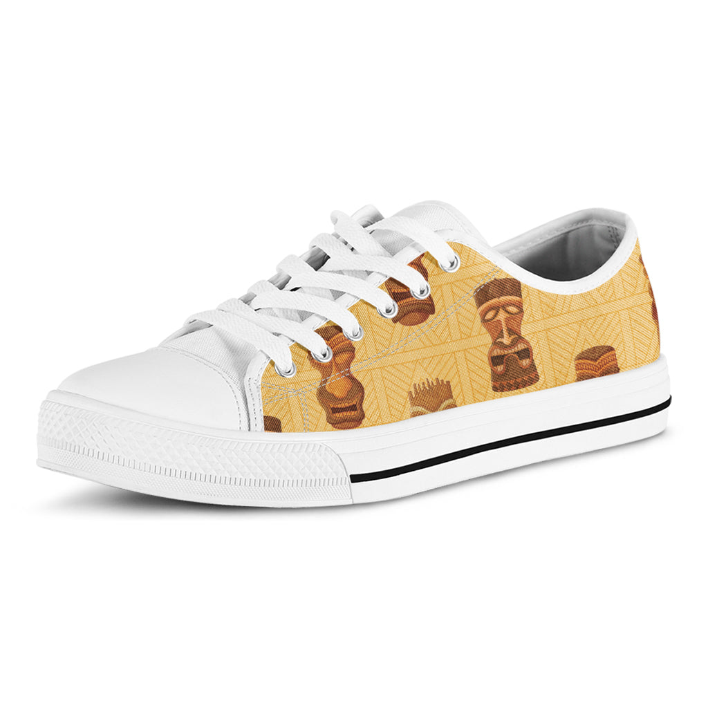 Tribal Tiki Mask Pattern Print White Low Top Shoes
