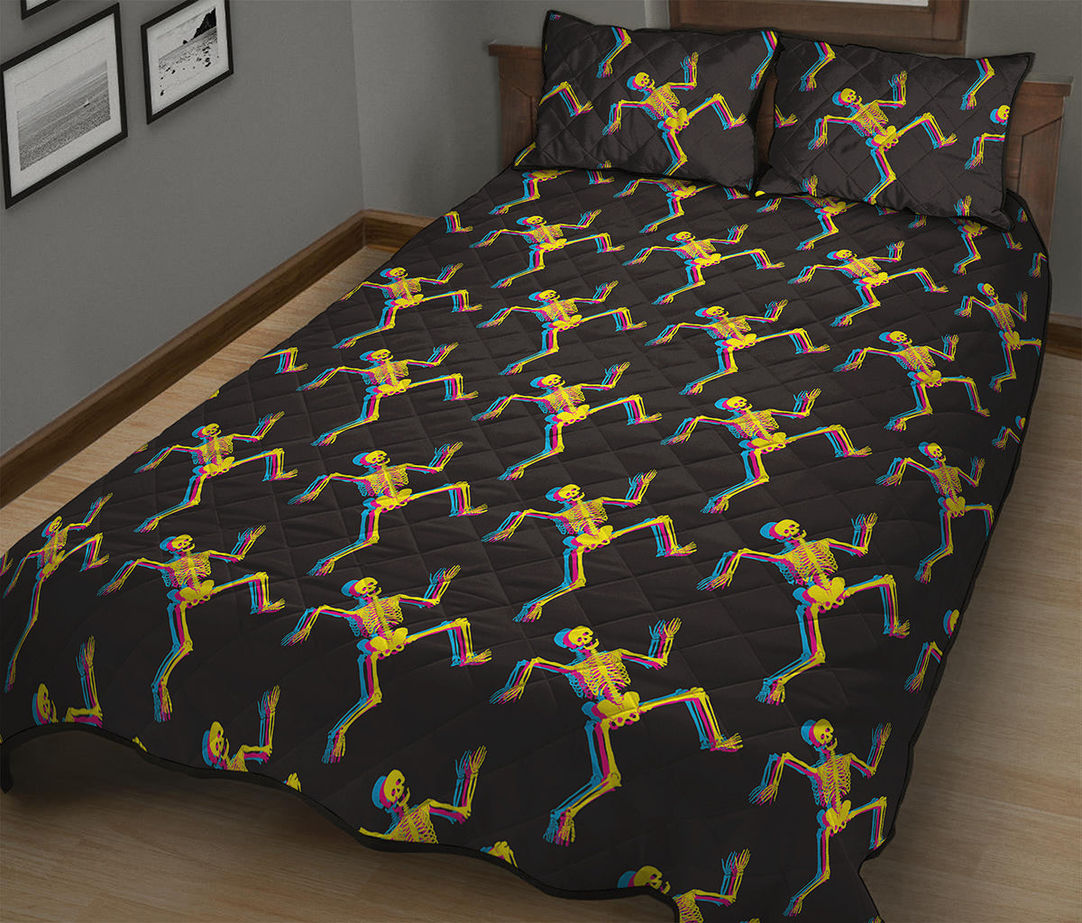 Trippy Dancing Skeleton Pattern Print Quilt Bed Set