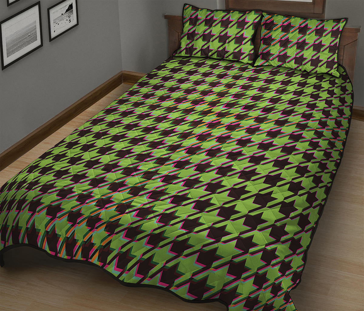 Trippy green Houndstooth Pattern Print Quilt Bed Set