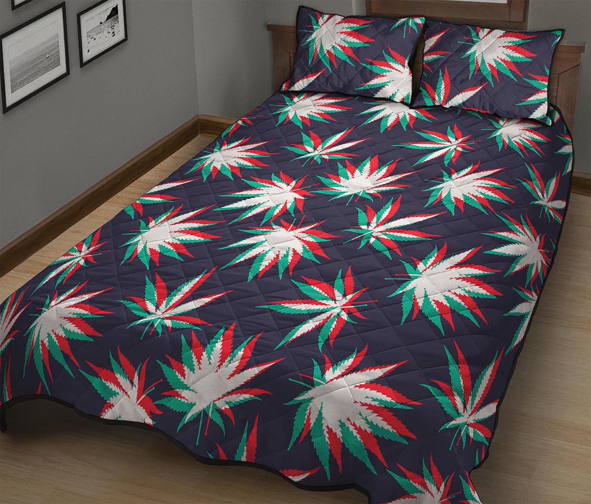 Trippy Hemp Leaves Reggae Pattern Print Quilt Bed Set