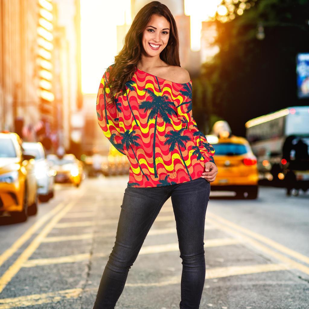 Trippy Palm Tree Pattern Print Off Shoulder Sweatshirt GearFrost