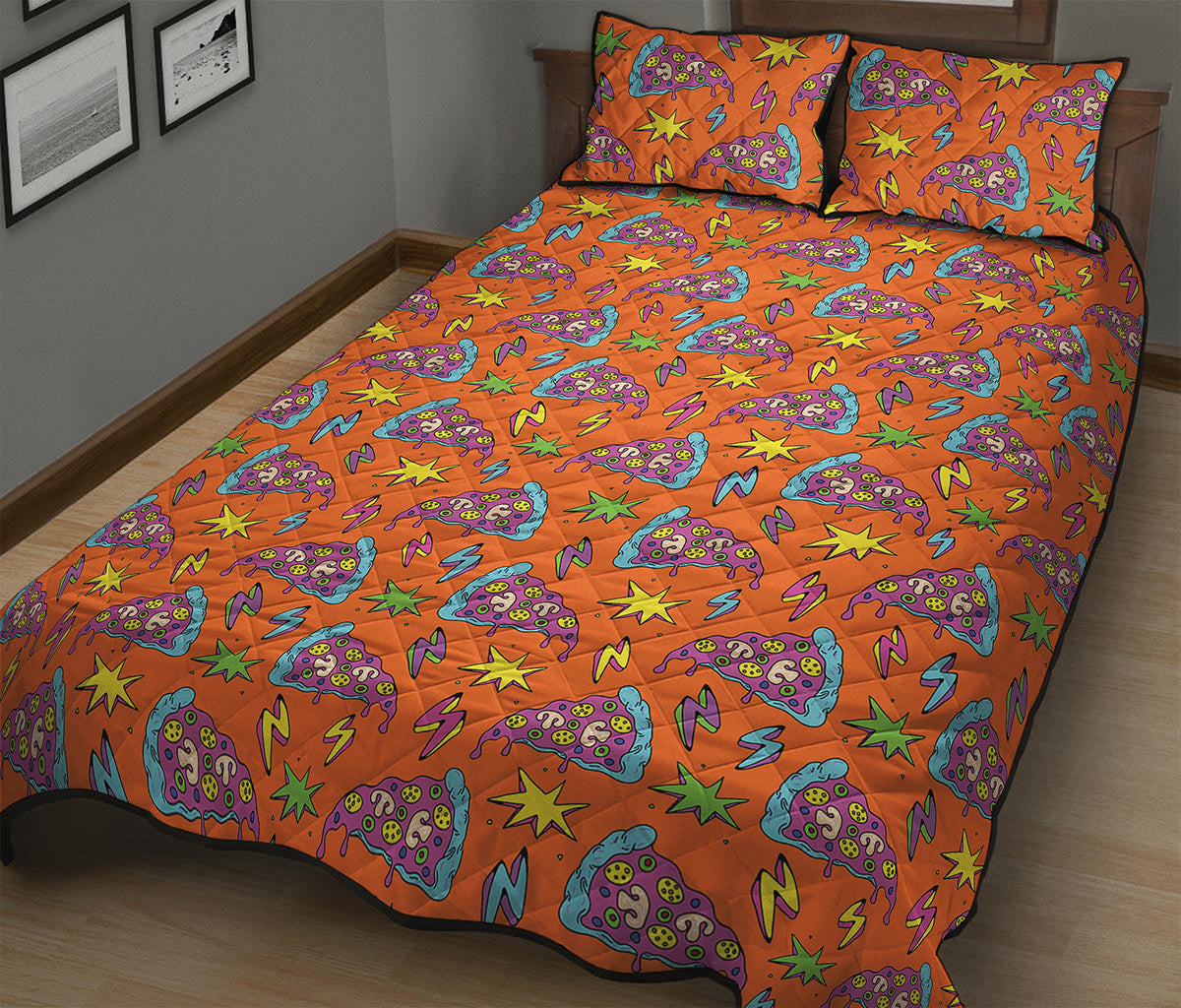 Trippy Pizza Pattern Print Quilt Bed Set