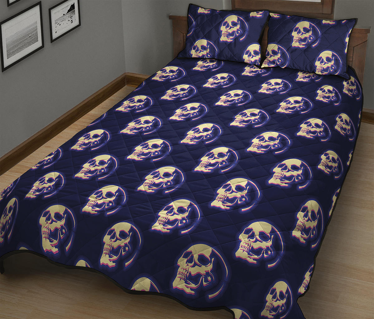 Trippy Skull Pattern Print Quilt Bed Set
