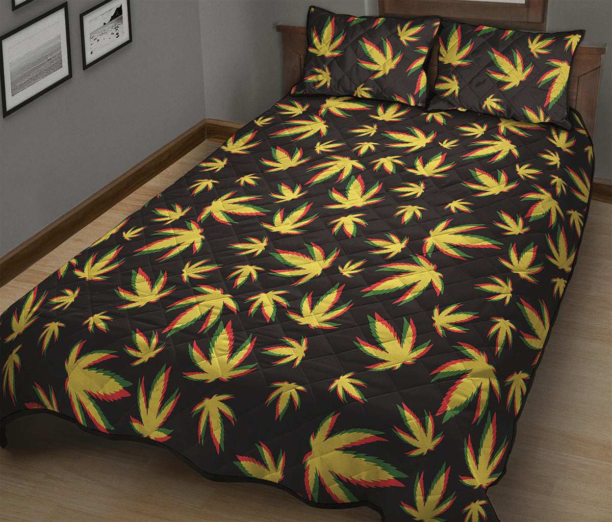 Trippy Weed Leaf Pattern Print Quilt Bed Set