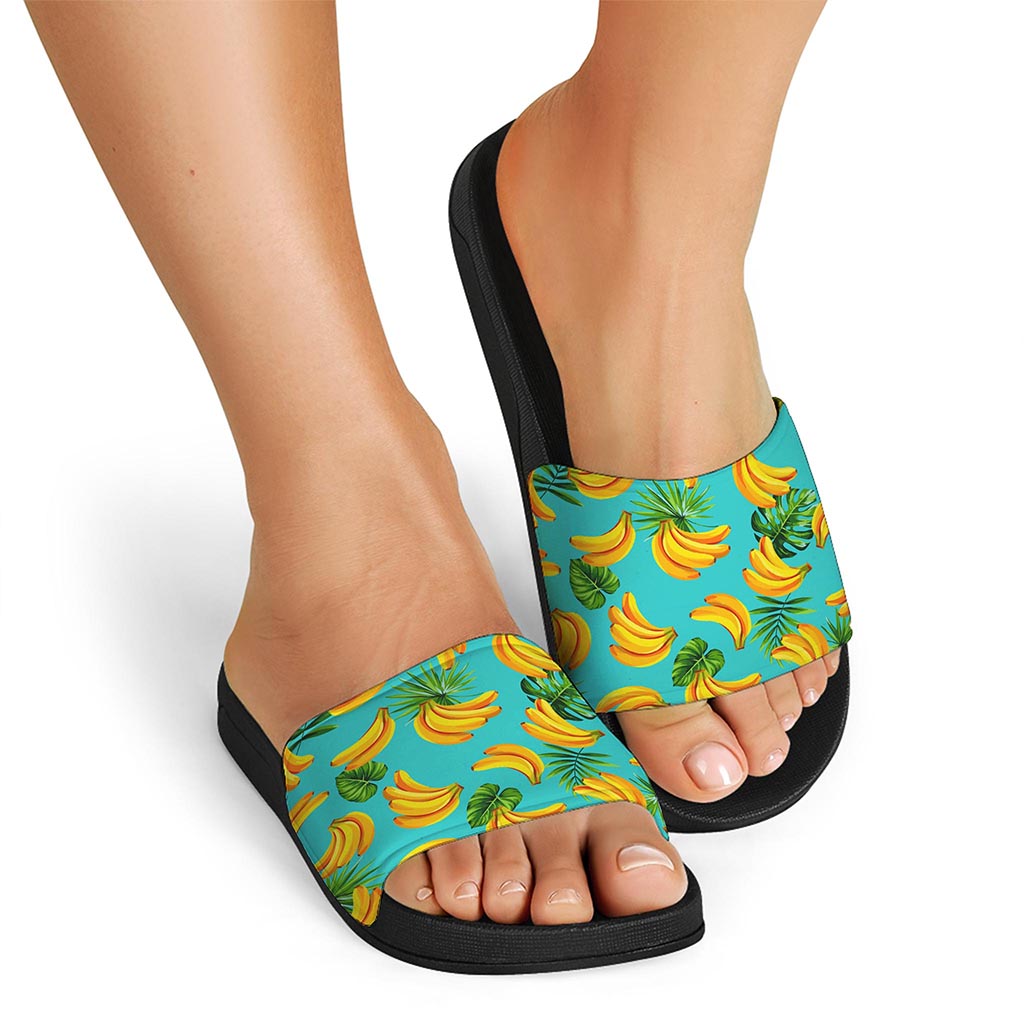 Tropical Banana Leaf Pattern Print Black Slide Sandals