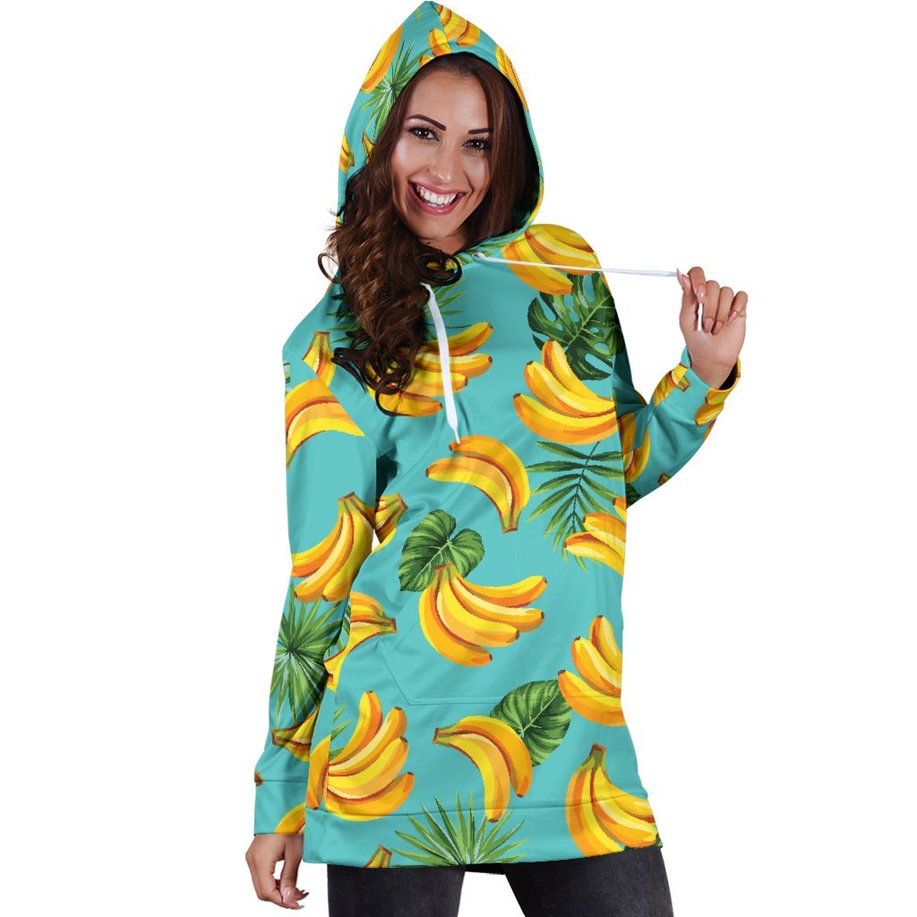 Tropical Banana Leaf Pattern Print Hoodie Dress GearFrost