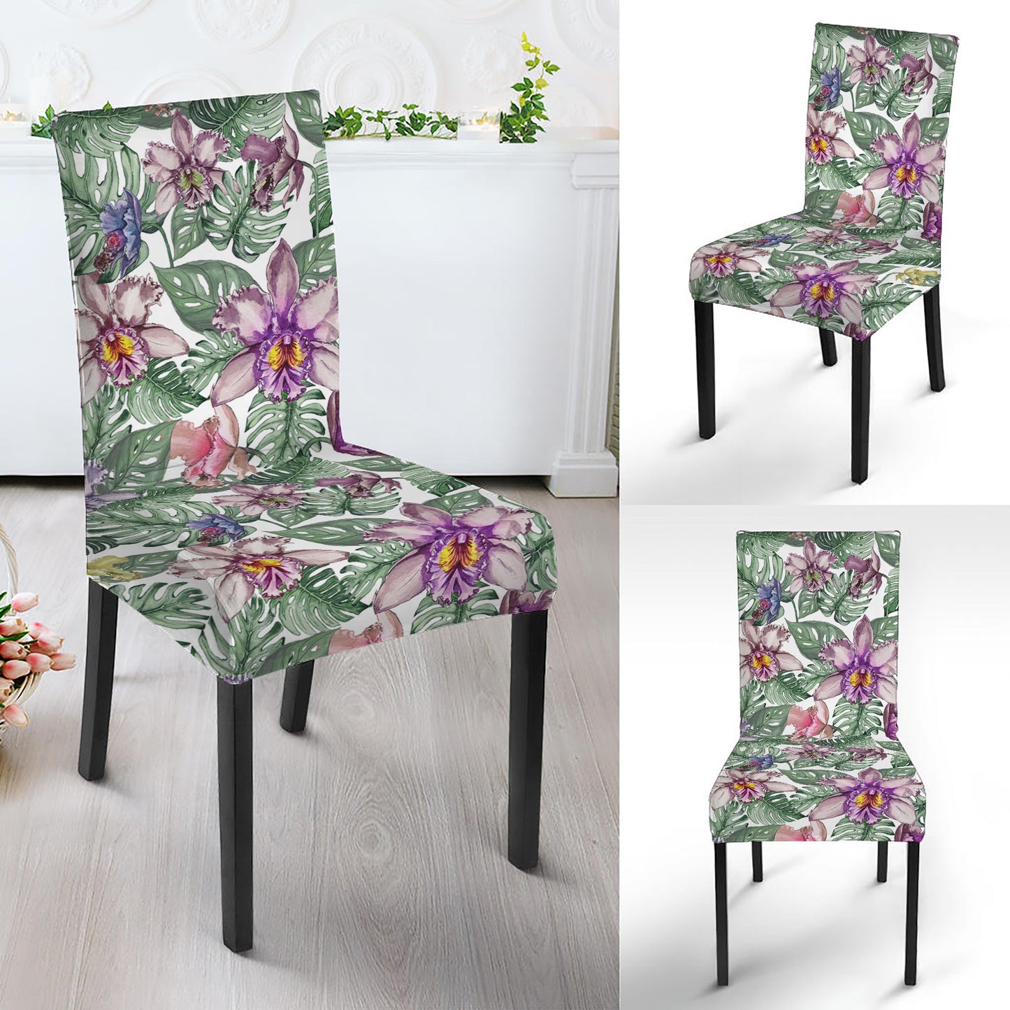 Tropical Cattleya Pattern Print Dining Chair Slipcover