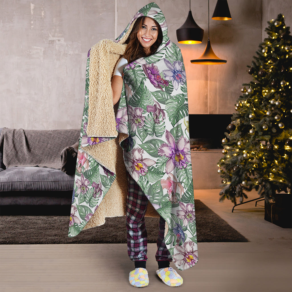 Tropical Cattleya Pattern Print Hooded Blanket