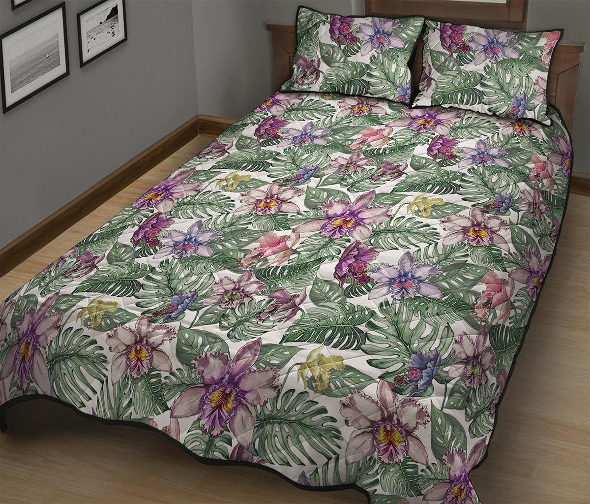 Tropical Cattleya Pattern Print Quilt Bed Set