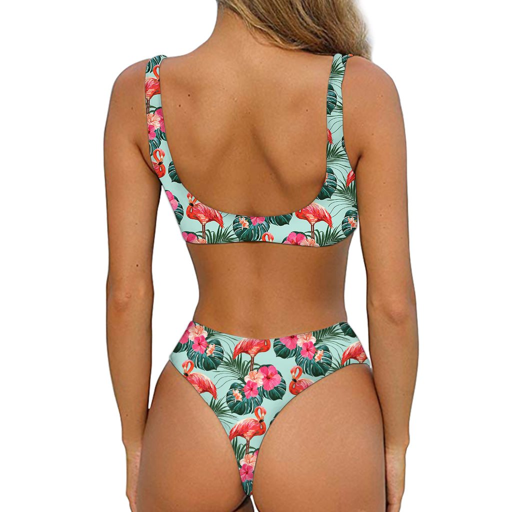 Tropical Floral Flamingo Pattern Print Front Bow Tie Bikini