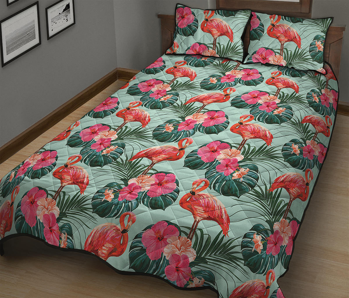 Tropical Floral Flamingo Pattern Print Quilt Bed Set