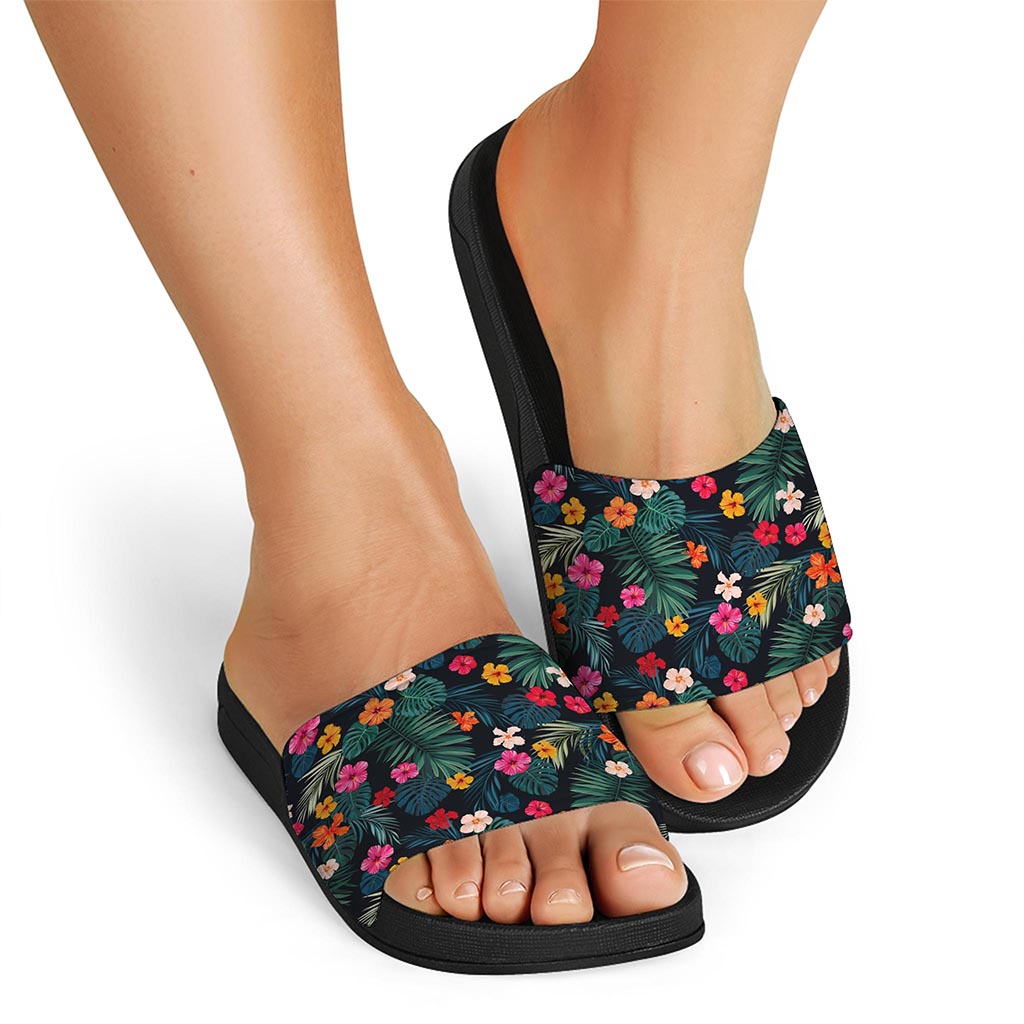 Tropical Flowers Hawaii Pattern Print Black Slide Sandals