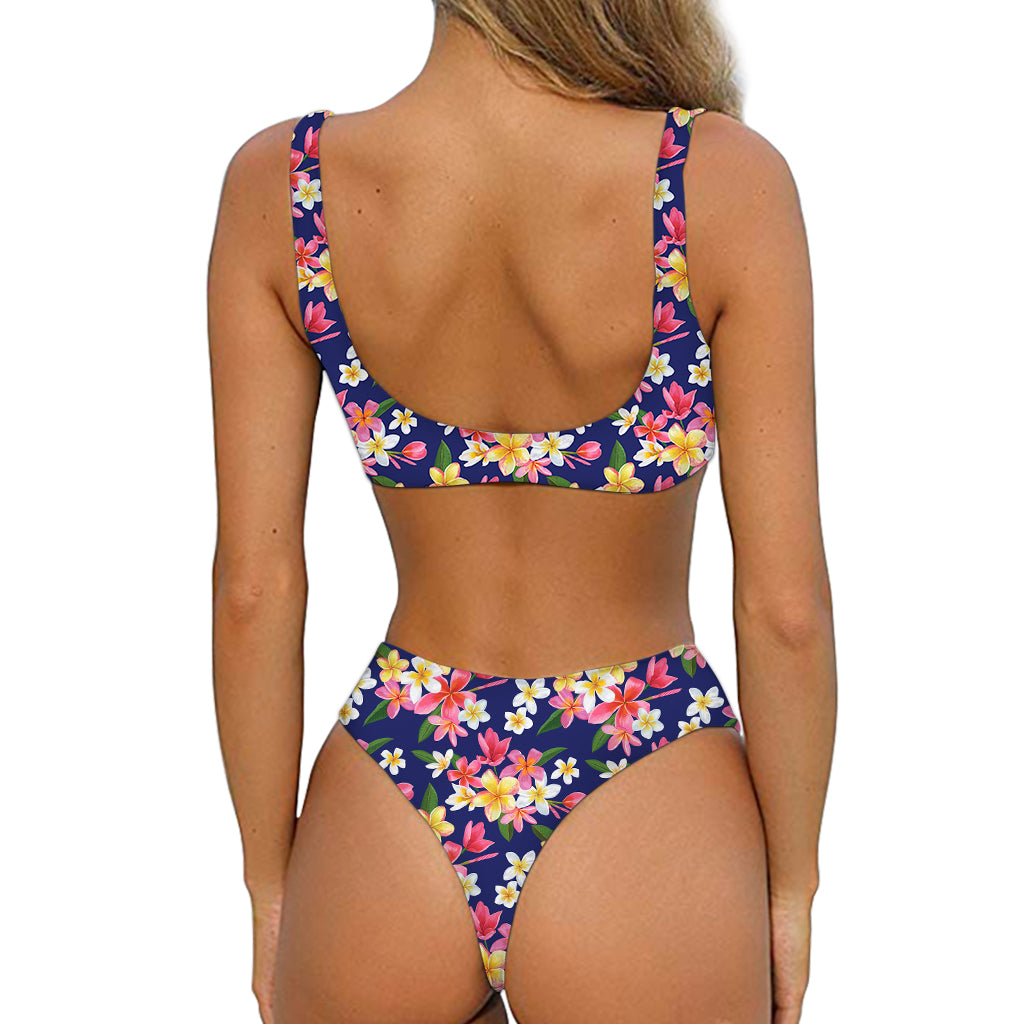 Tropical Frangipani Plumeria Print Front Bow Tie Bikini