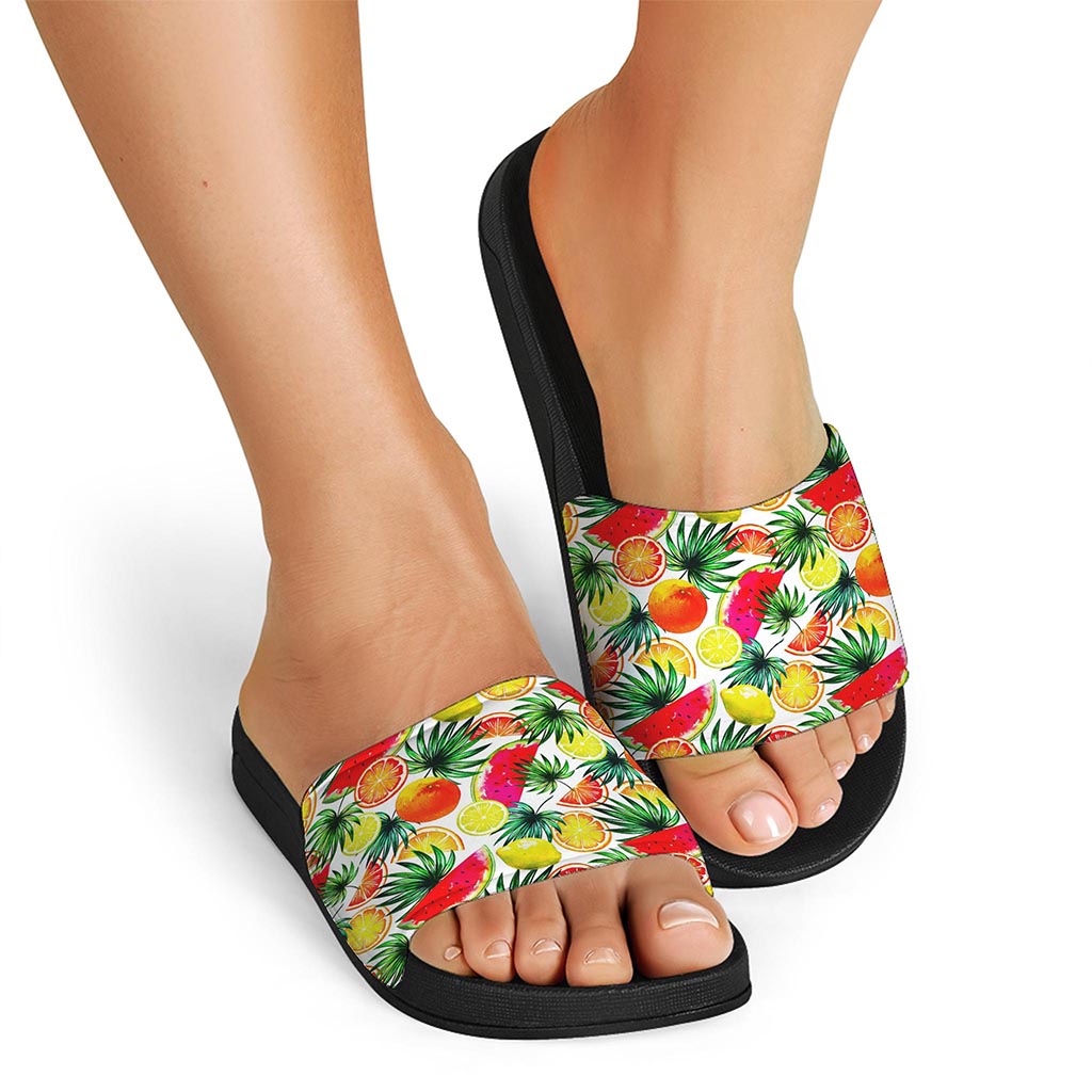 Tropical Fruit Leaf Pattern Print Black Slide Sandals