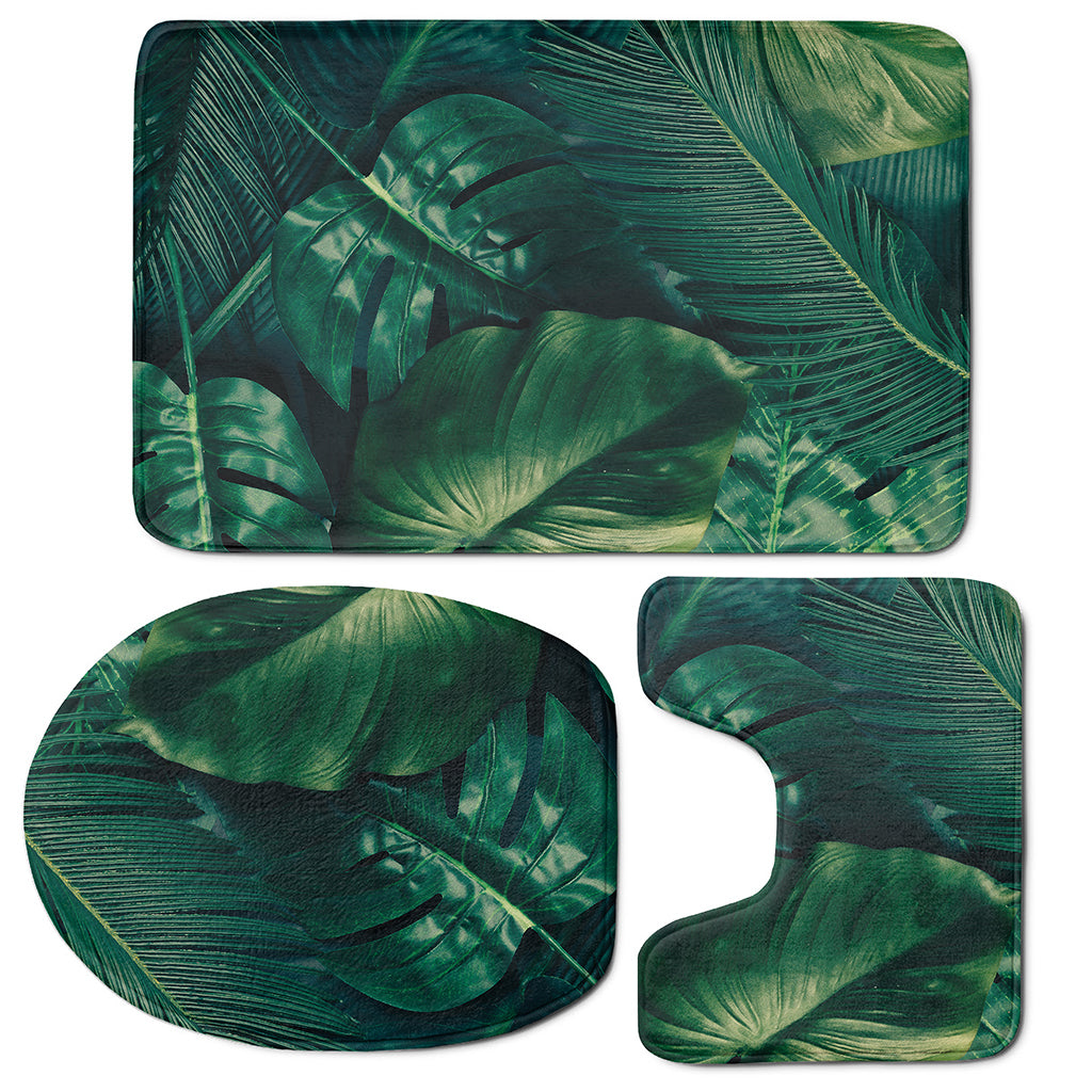 Tropical Green Leaves Print 3 Piece Bath Mat Set