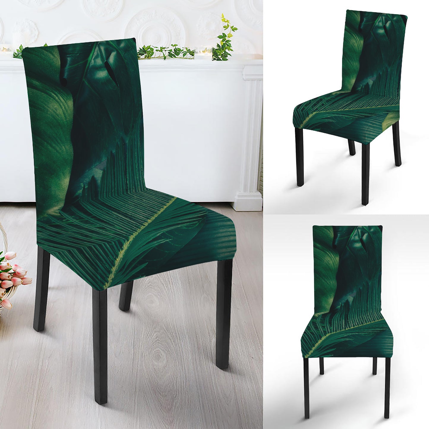 Tropical Green Leaves Print Dining Chair Slipcover