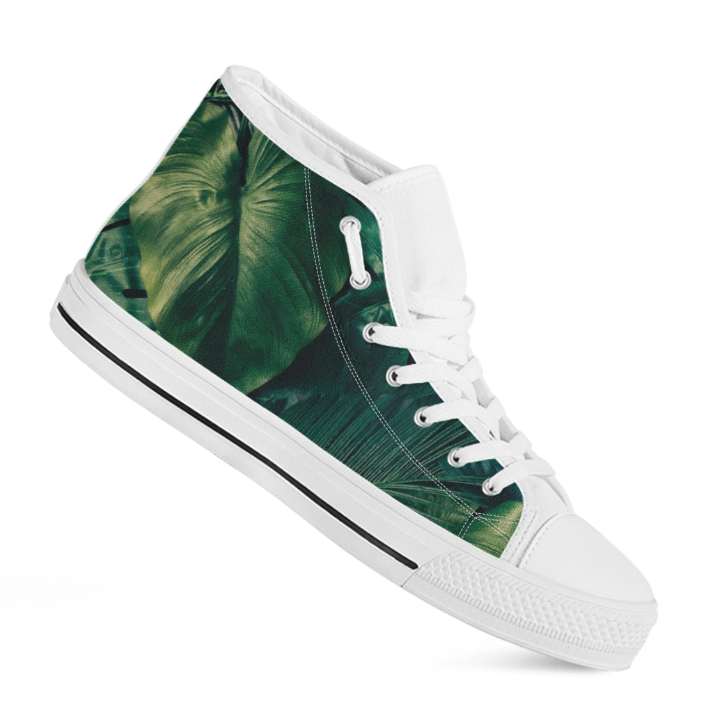 Tropical Green Leaves Print White High Top Shoes
