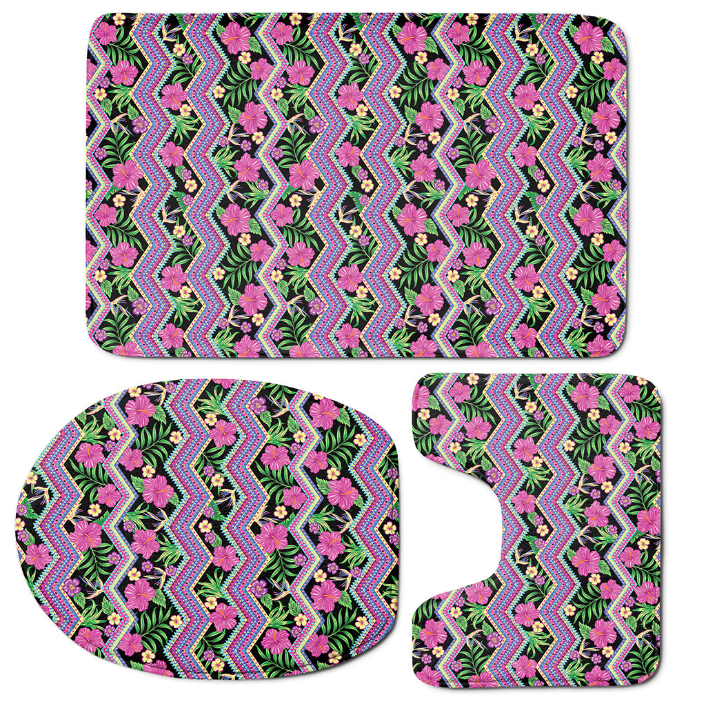 Tropical Hibiscus Flowers Aztec Print 3 Piece Bath Mat Set