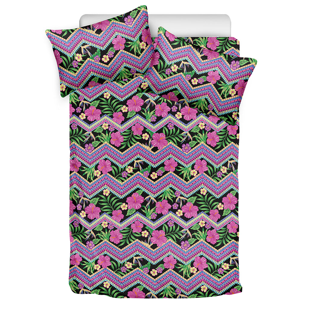 Tropical Hibiscus Flowers Aztec Print Duvet Cover Bedding Set