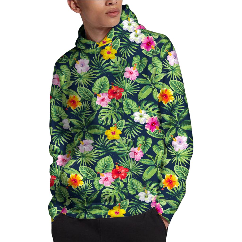 Tropical Hibiscus Flowers Pattern Print Pullover Hoodie