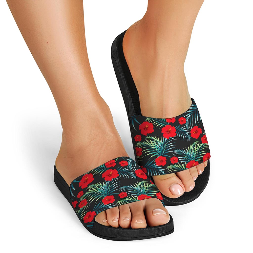 Tropical Hibiscus Leaves Pattern Print Black Slide Sandals