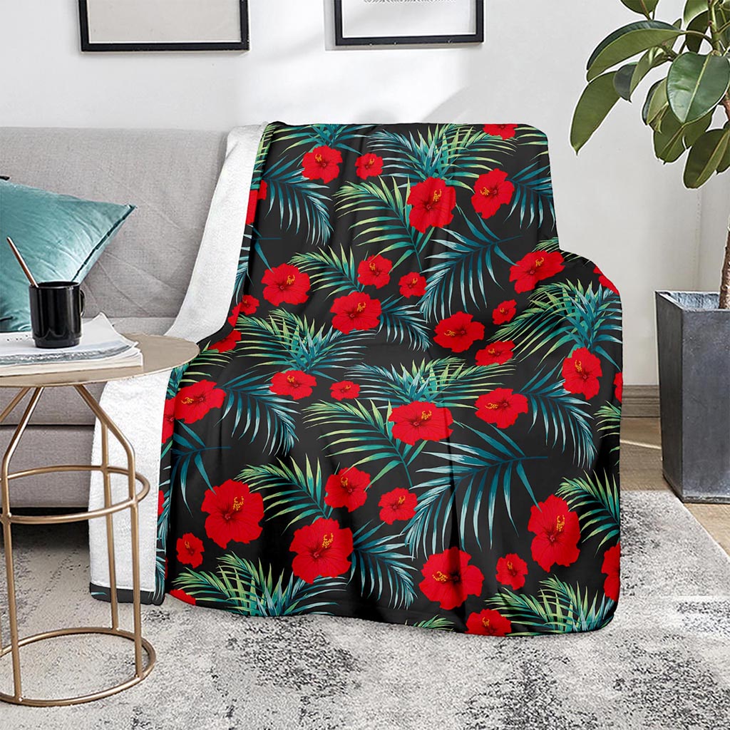 Tropical Hibiscus Leaves Pattern Print Blanket