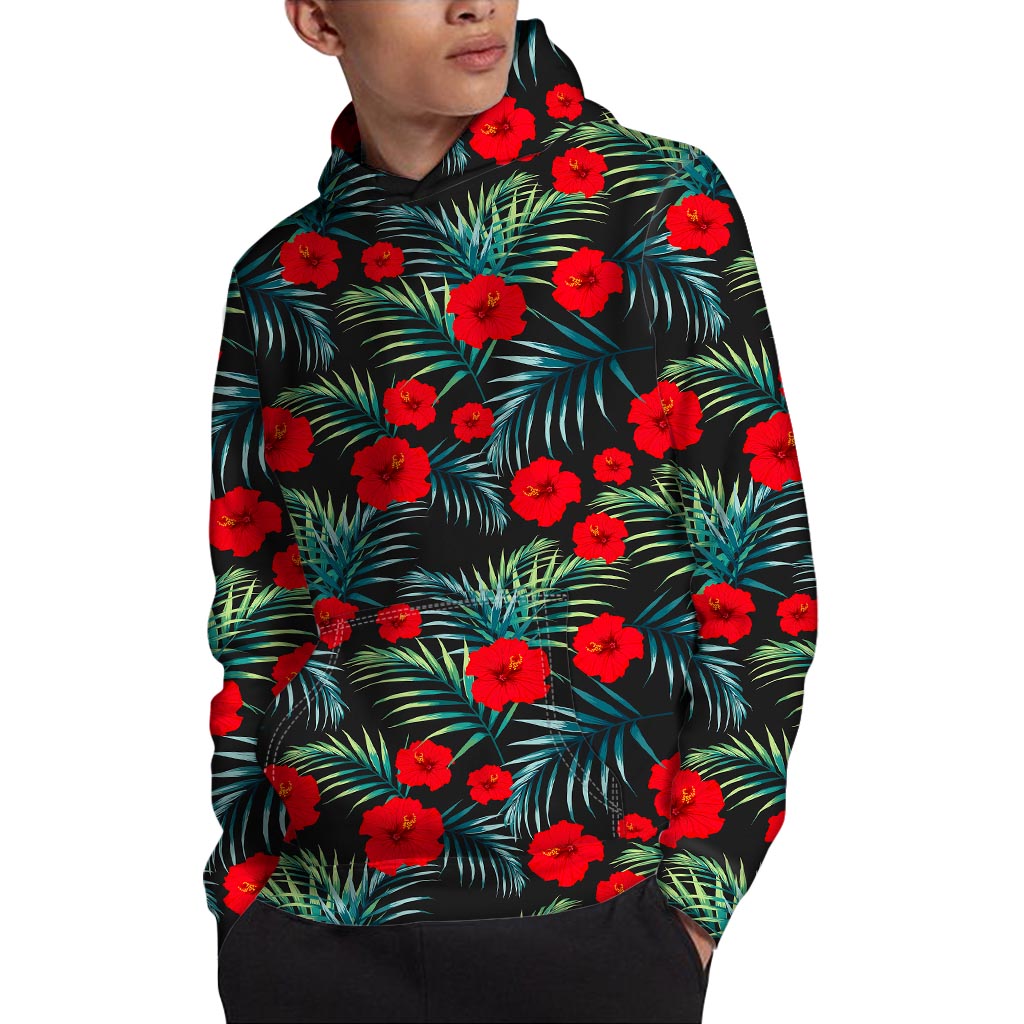 Tropical Hibiscus Leaves Pattern Print Pullover Hoodie