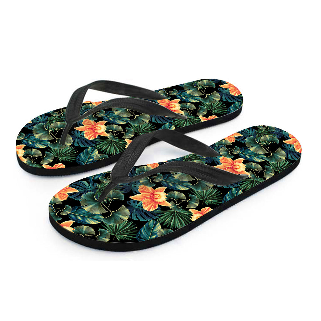 Tropical Leaf And Hawaiian Flower Print Flip Flops