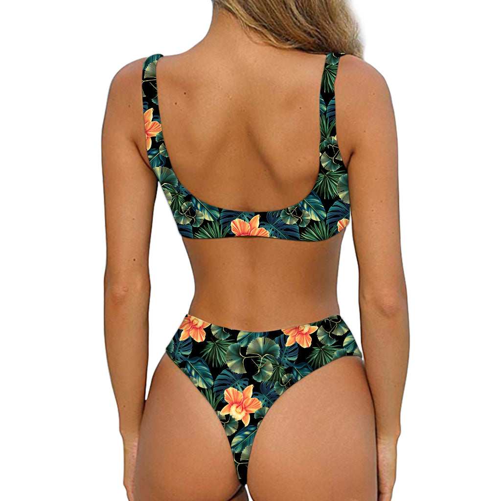 Tropical Leaf And Hawaiian Flower Print Front Bow Tie Bikini