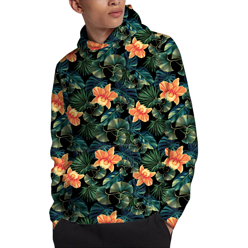Tropical Leaf And Hawaiian Flower Print Pullover Hoodie