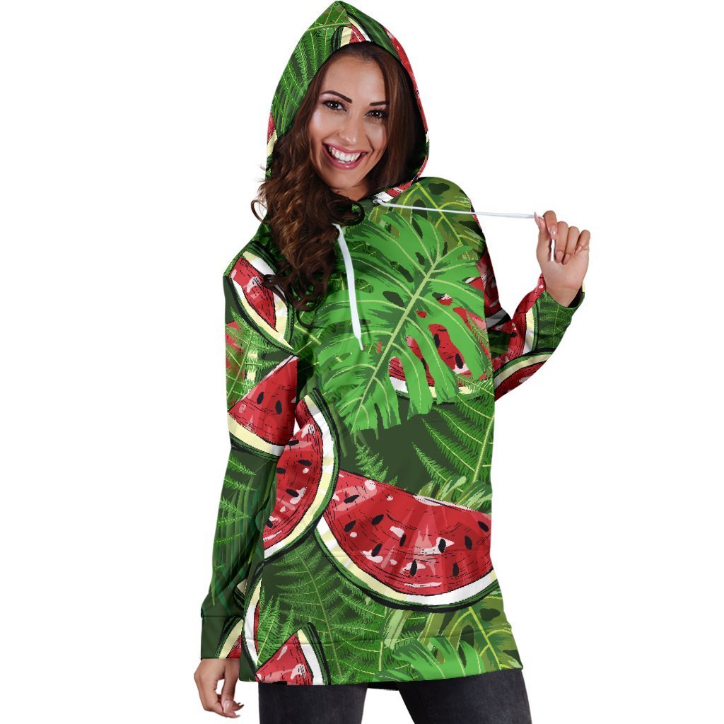 Tropical Leaf Watermelon Pattern Print Hoodie Dress GearFrost
