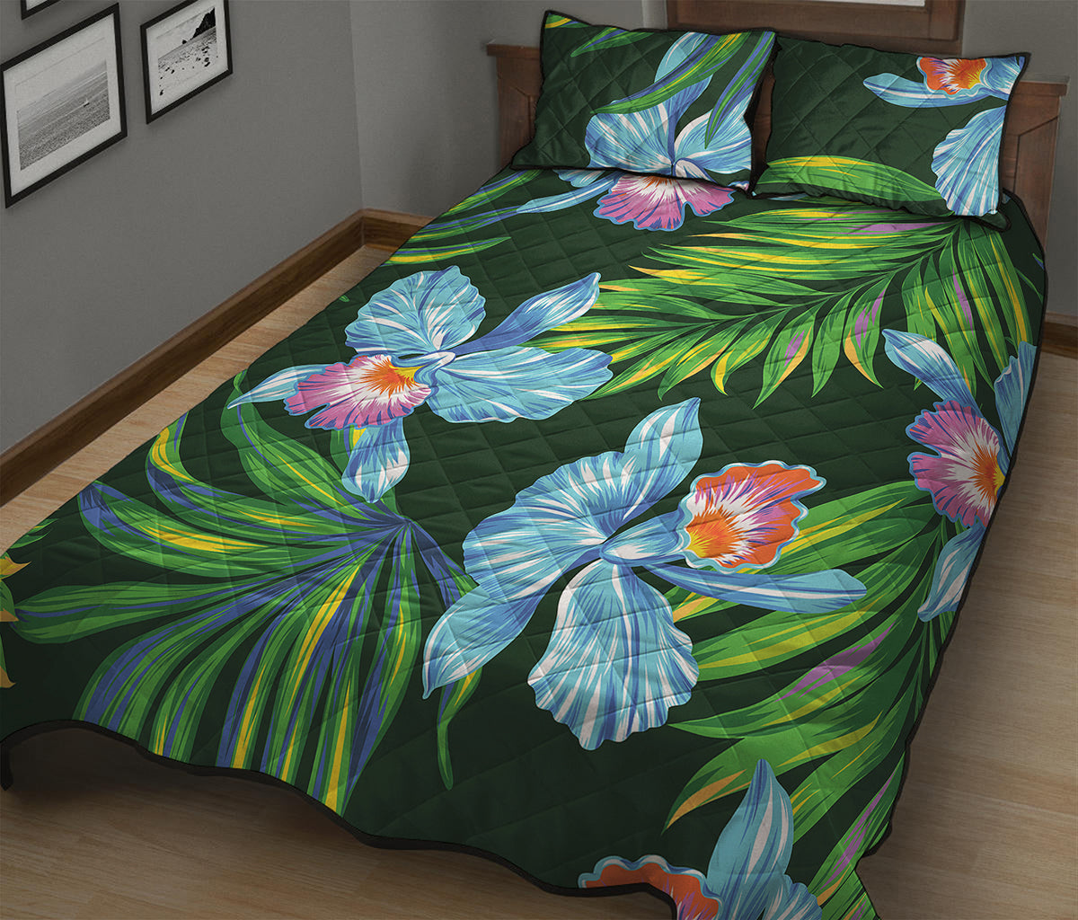 Tropical Orchid Flower Pattern Print Quilt Bed Set