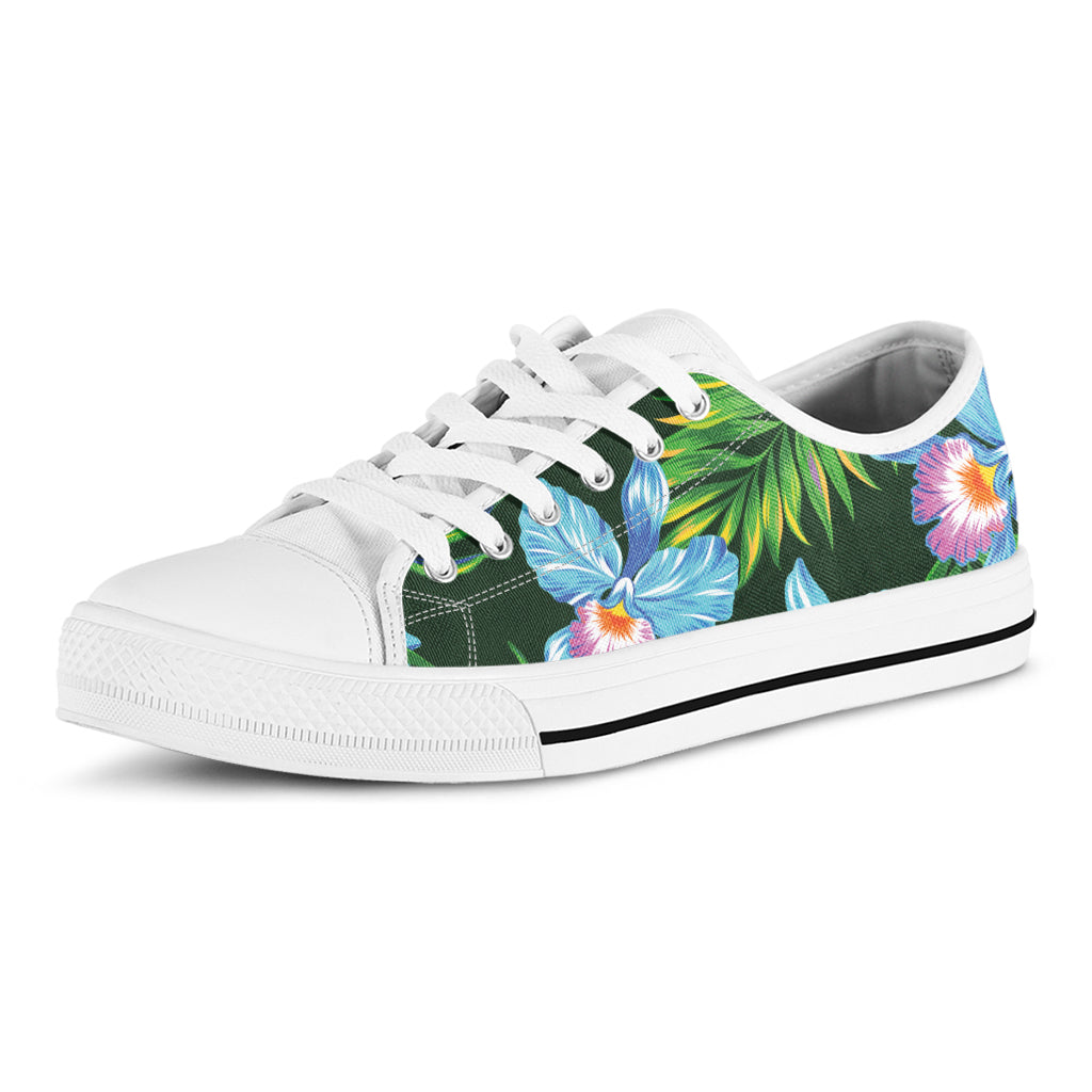 Tropical Orchid Flower Pattern Print White Low Top Shoes