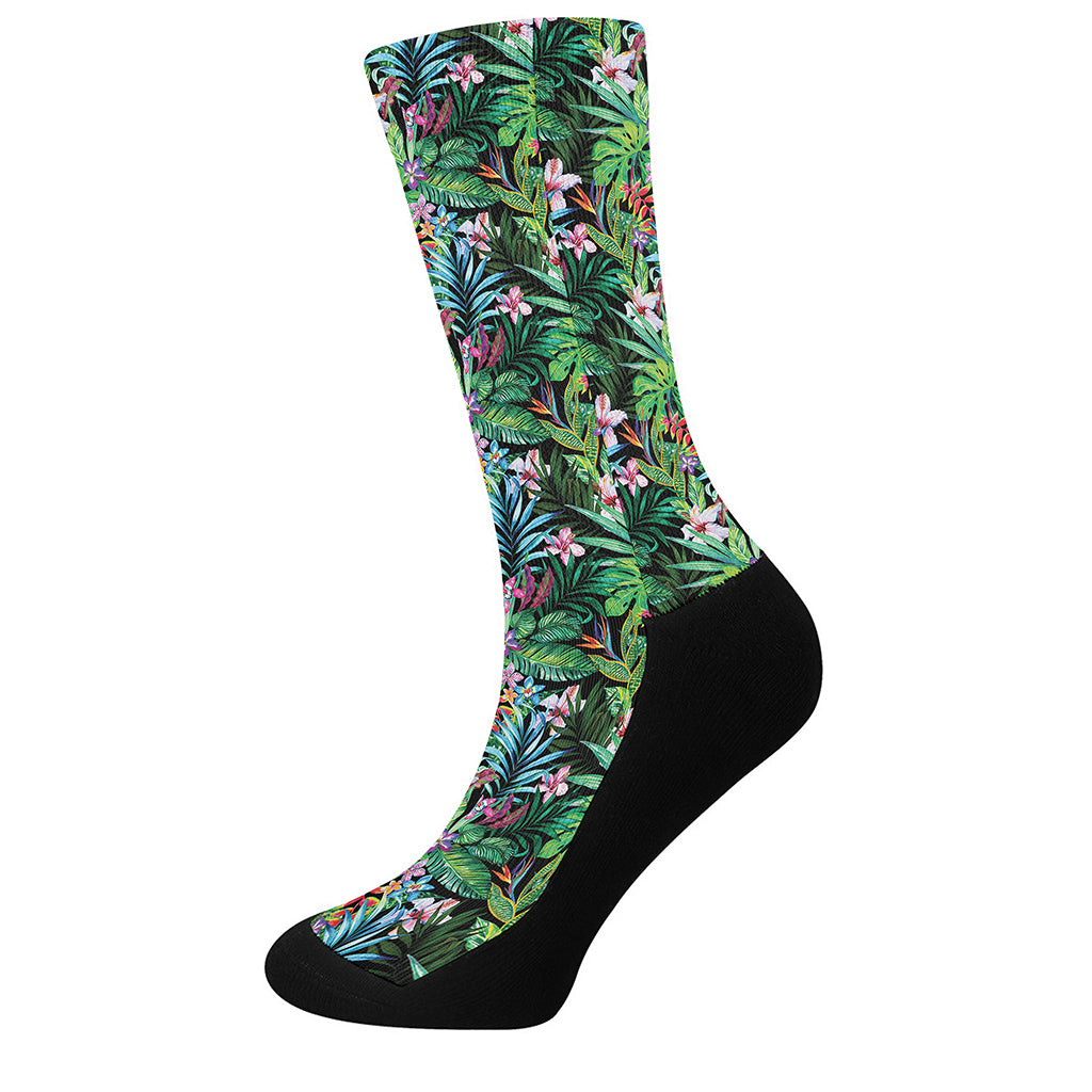 Tropical Palm And Hibiscus Print Crew Socks