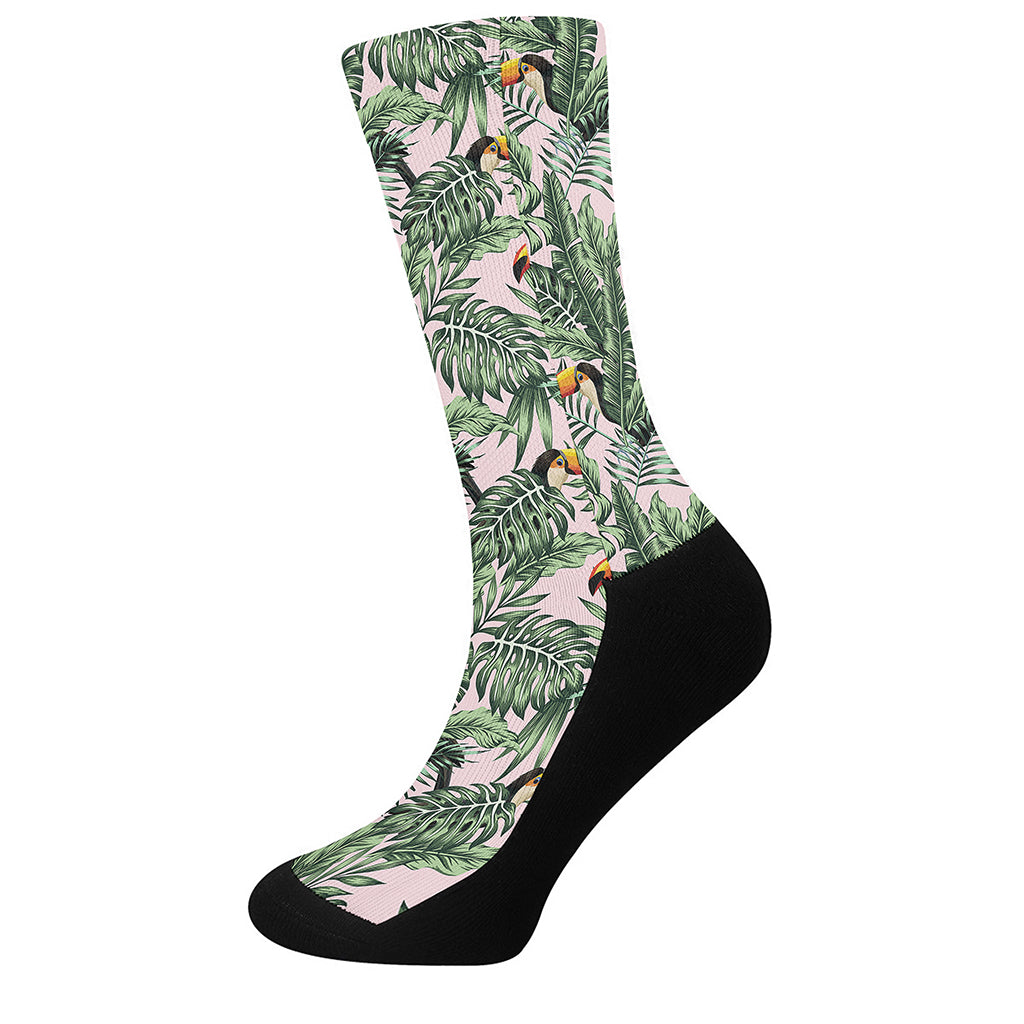 Tropical Palm Leaf And Toucan Print Crew Socks