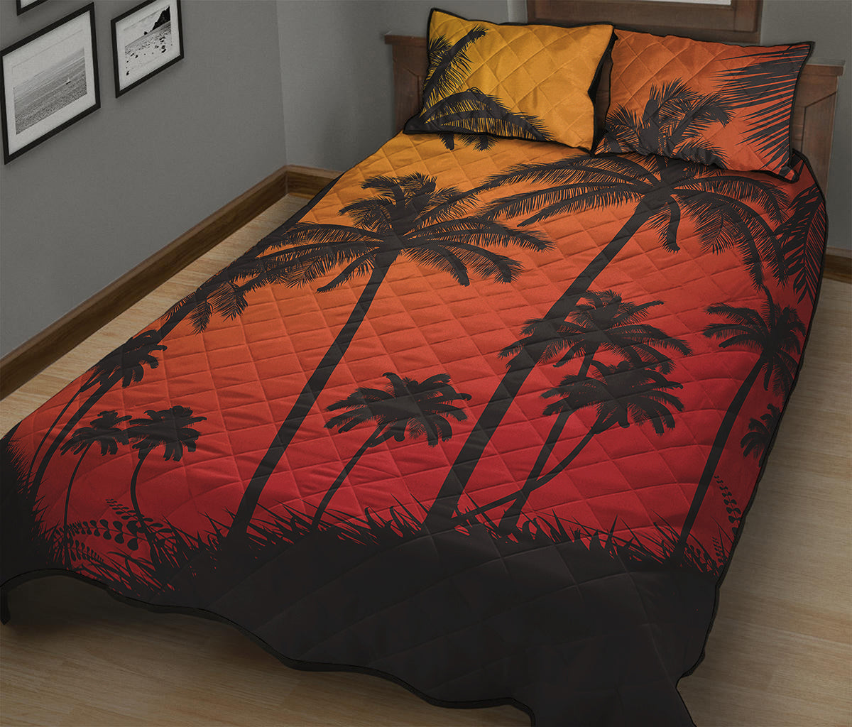 Tropical Palm Tree Sunset Print Quilt Bed Set