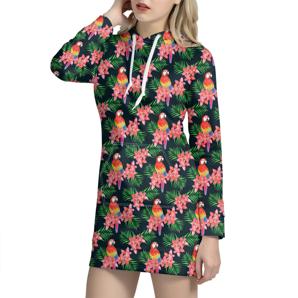 Tropical Parrot Pattern Print Hoodie Dress